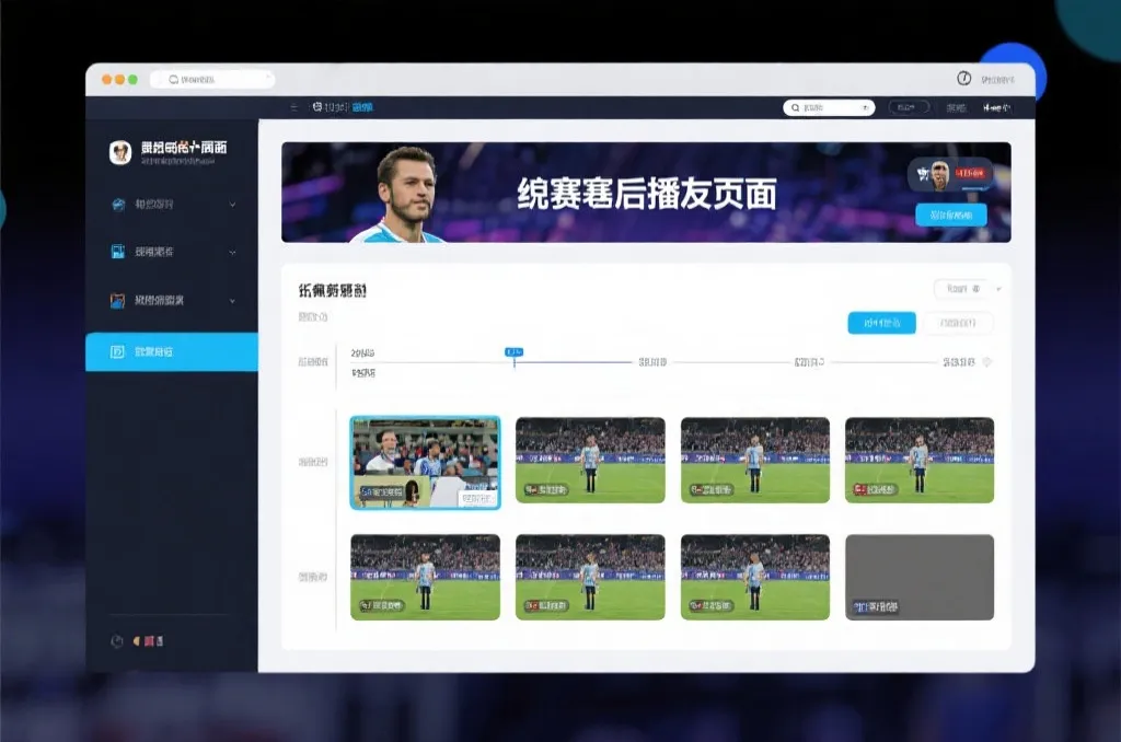 比赛结束后，电视屏幕展示集锦回放页面，旁边有时间轴和多角度切换提示